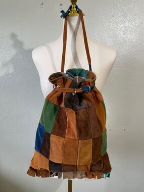 Folk Art Patchwork Festival Suede Bucket Bag Fringe Boho Earthy VTG  60’s 70’s